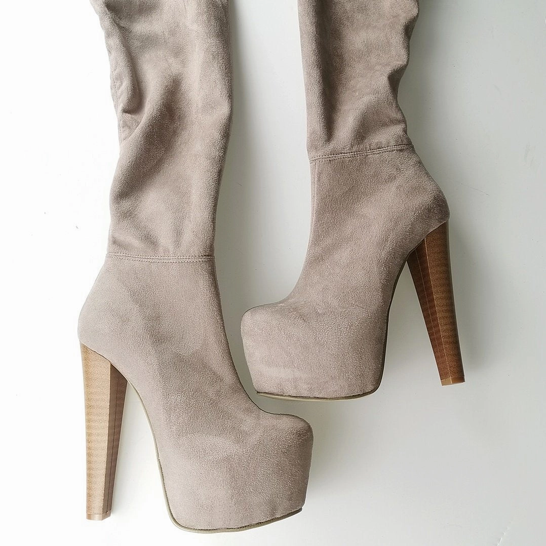 Beige Strech Thigh High Platform Boots