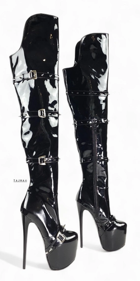 Black Gloss Spike Belted Thigh High Platform Boots