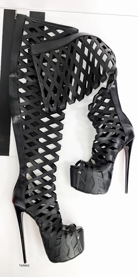 Black Matte Laser Cut Thigh High Boots