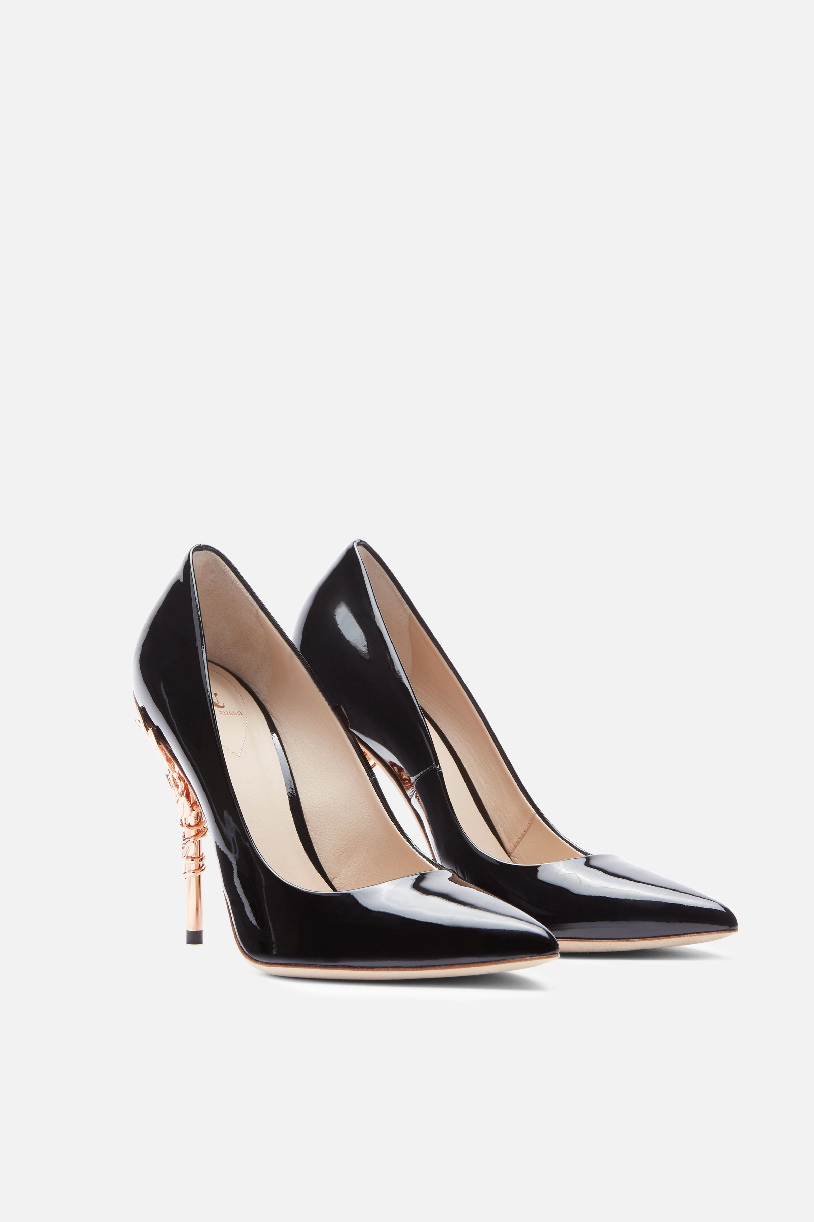 Black Patent Leather Eden Heels with Rose Gold Leaves