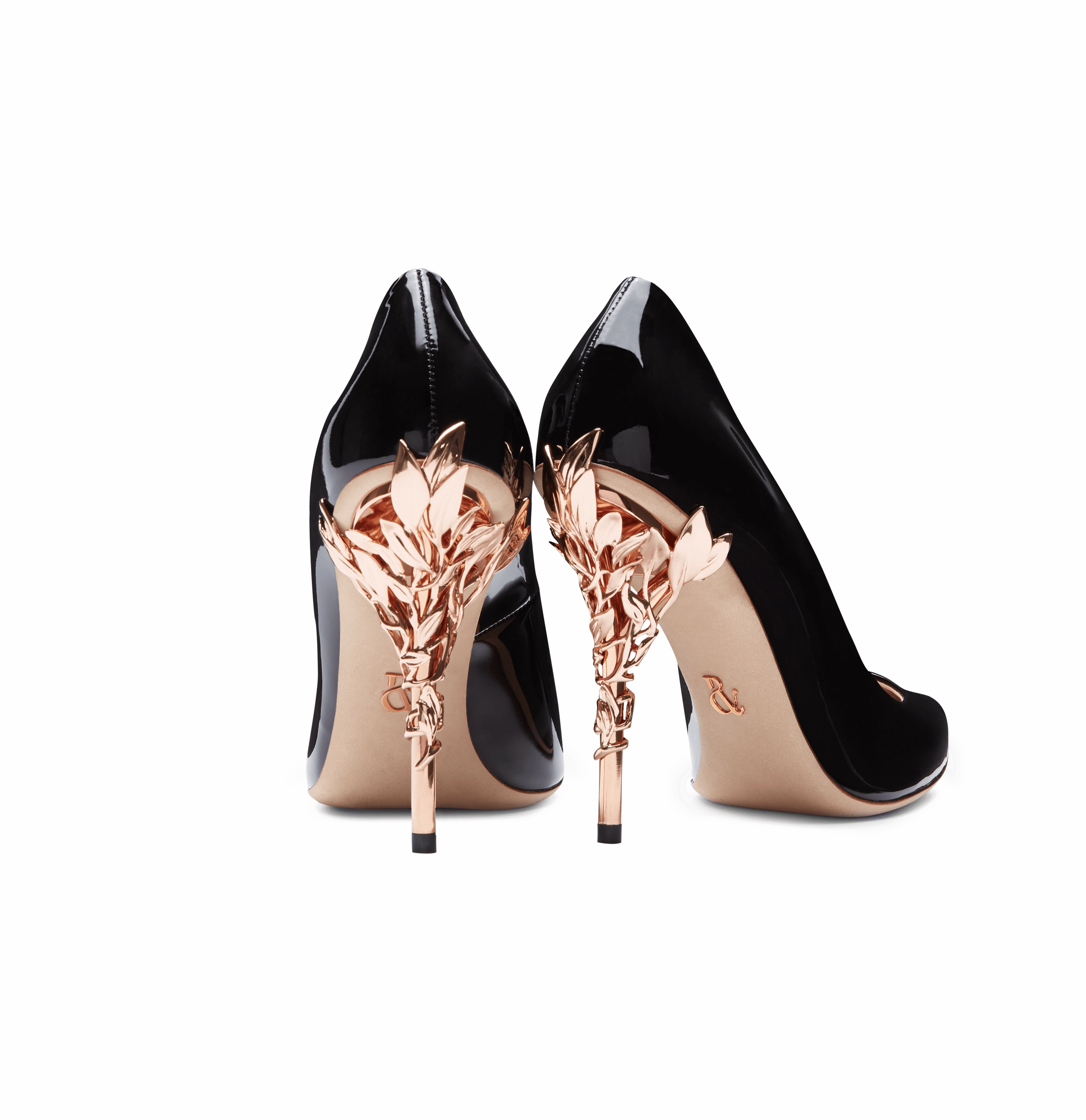 Black Patent Leather Eden Heels with Rose Gold Leaves