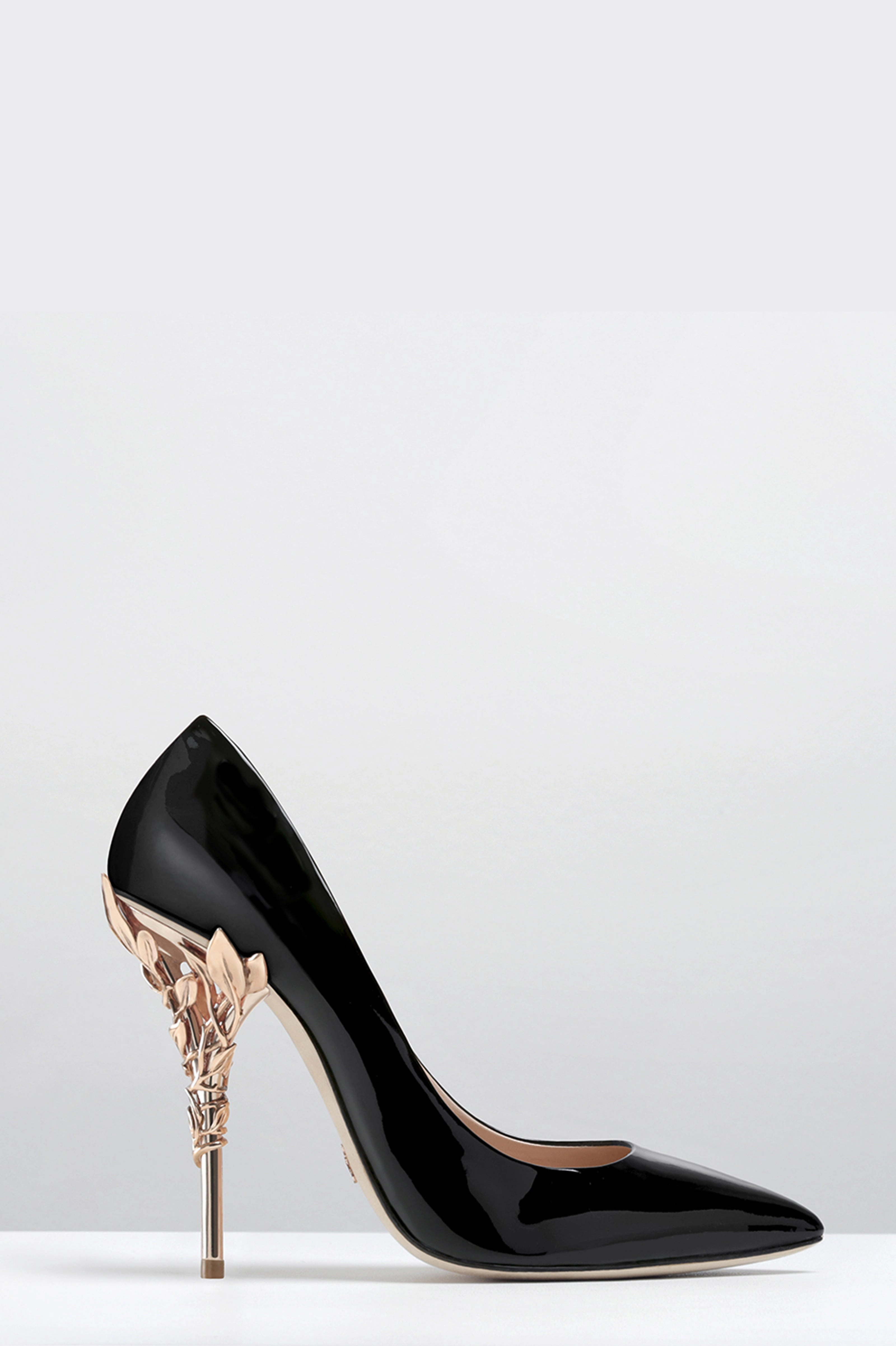 Black Patent Leather Eden Heels with Rose Gold Leaves