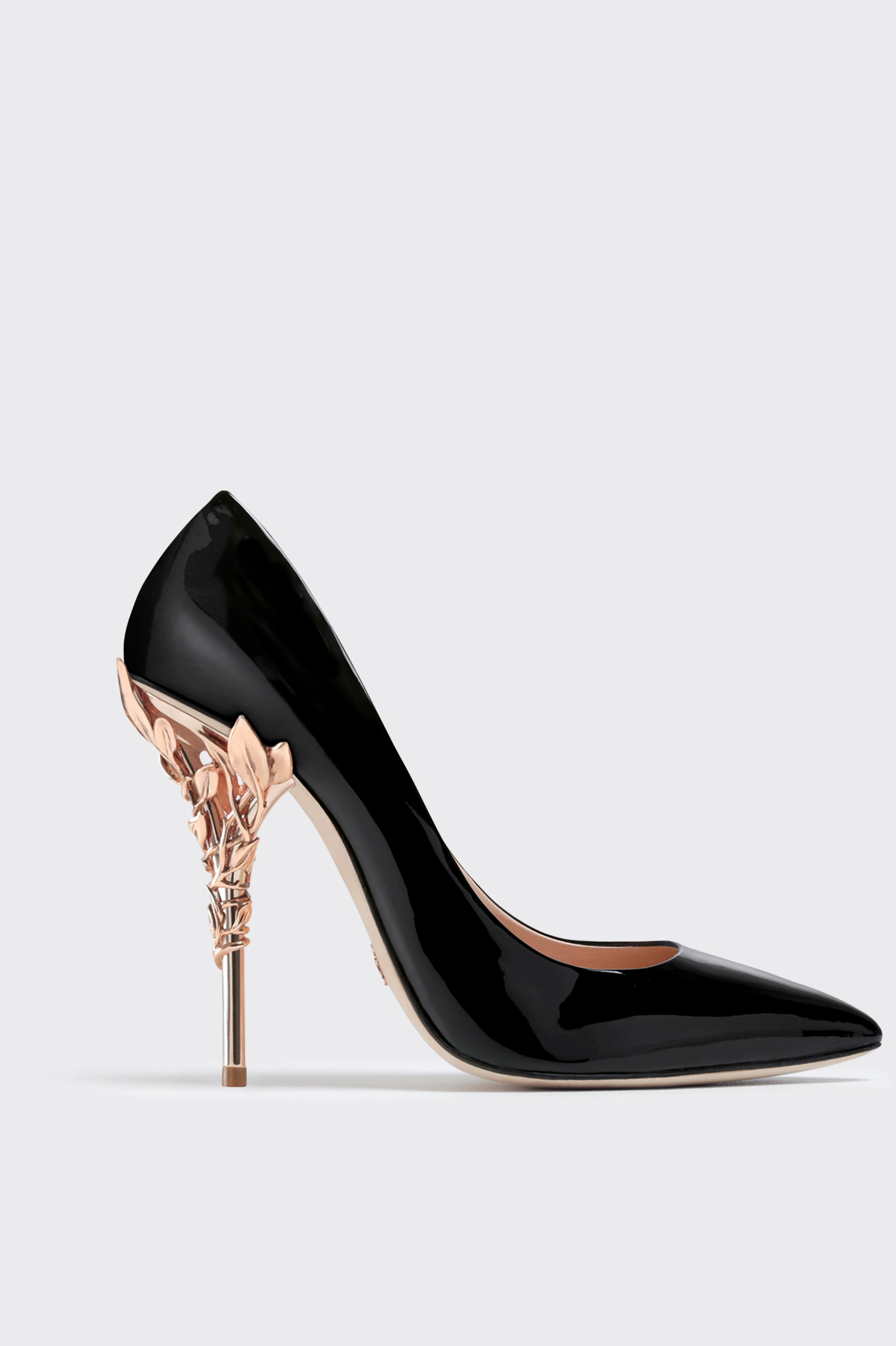 Black Patent Leather Eden Heels with Rose Gold Leaves