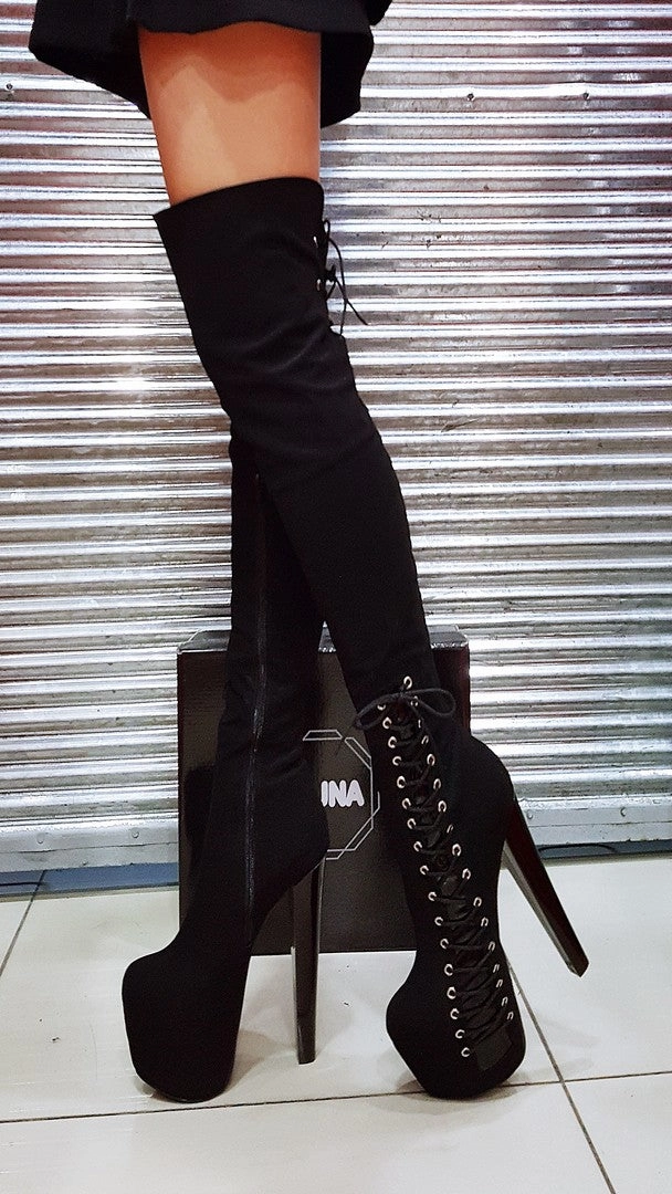 Black Suede Knee High Platform Boots