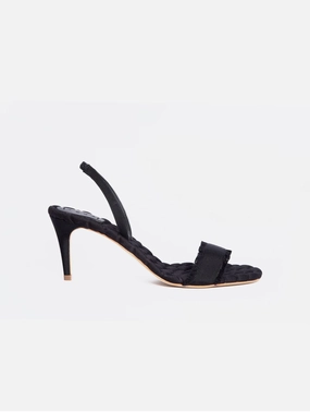 Claudia Vegan Cotton High-Heeled Slingback Sandals | Black Grosgrain