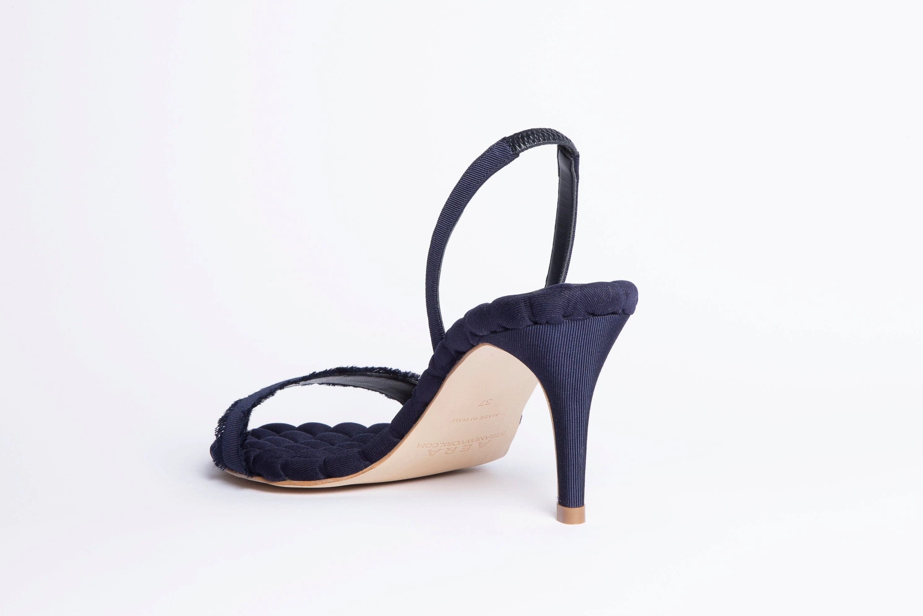 Claudia Vegan Cotton High-Heeled Slingback Sandals | Navy Grosgrain