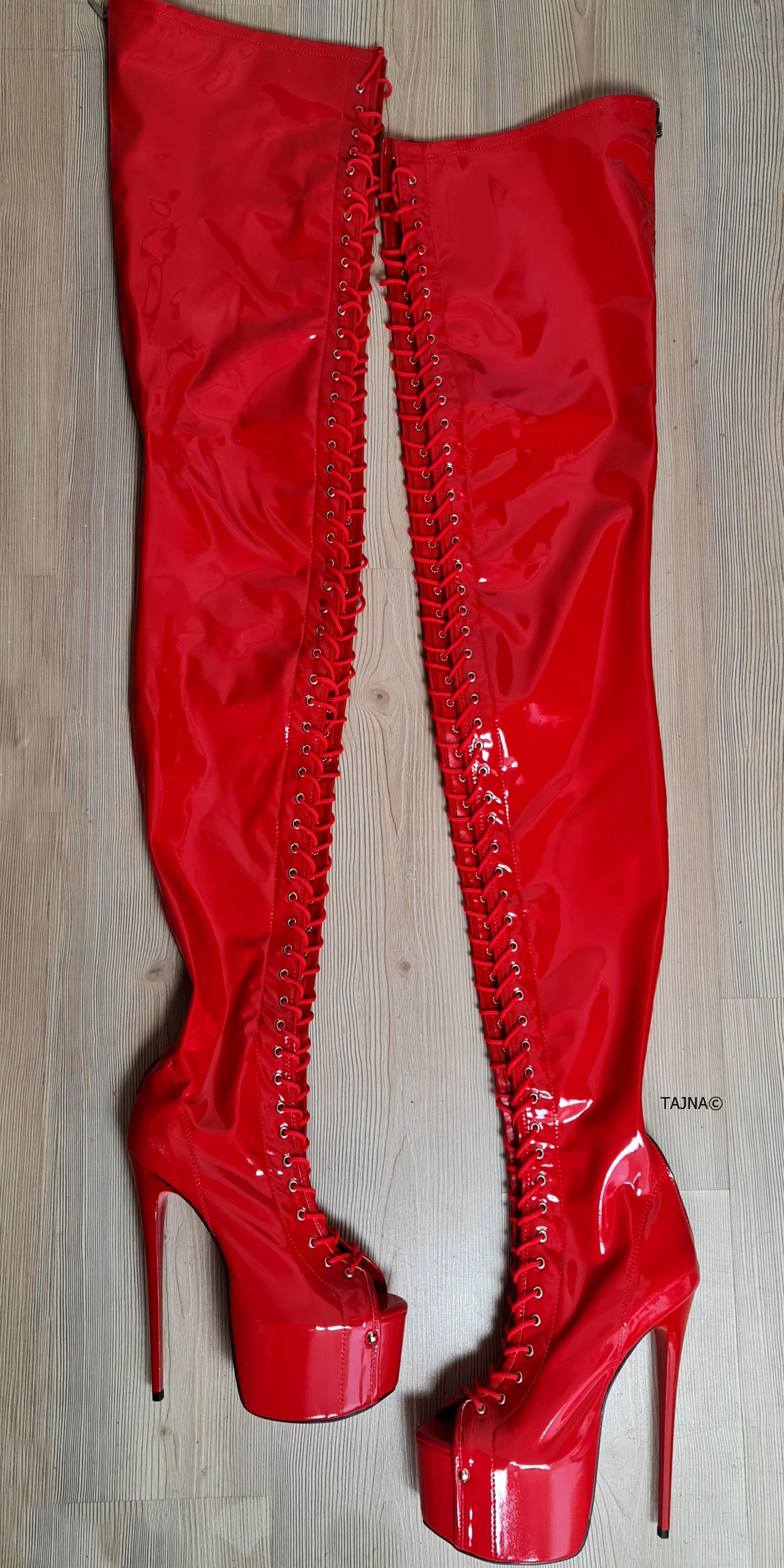 Extreme Long Thigh Red Gloss Lace Up Boots