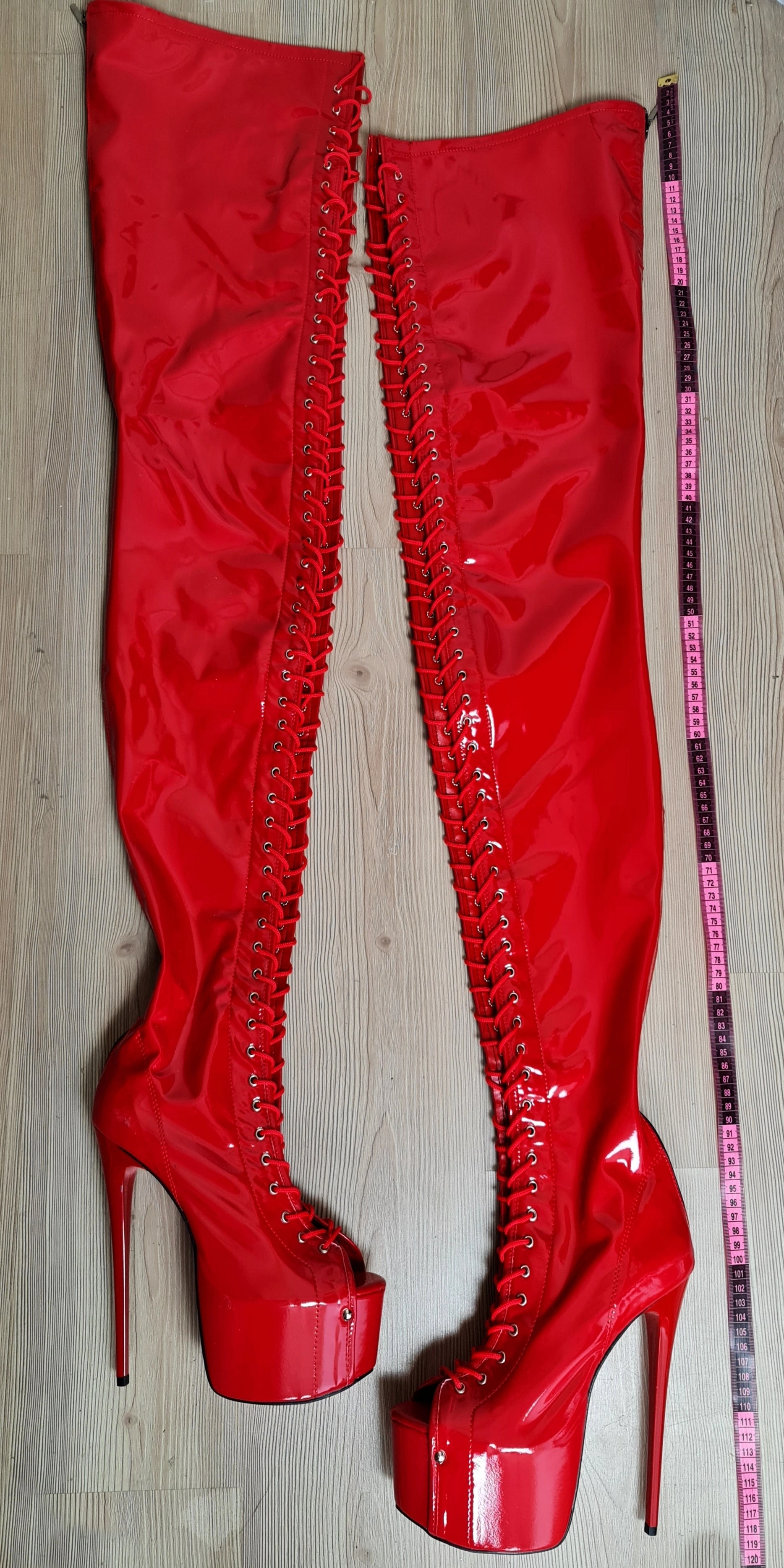 Extreme Long Thigh Red Gloss Lace Up Boots