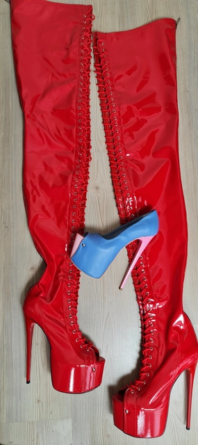 Extreme Long Thigh Red Gloss Lace Up Boots