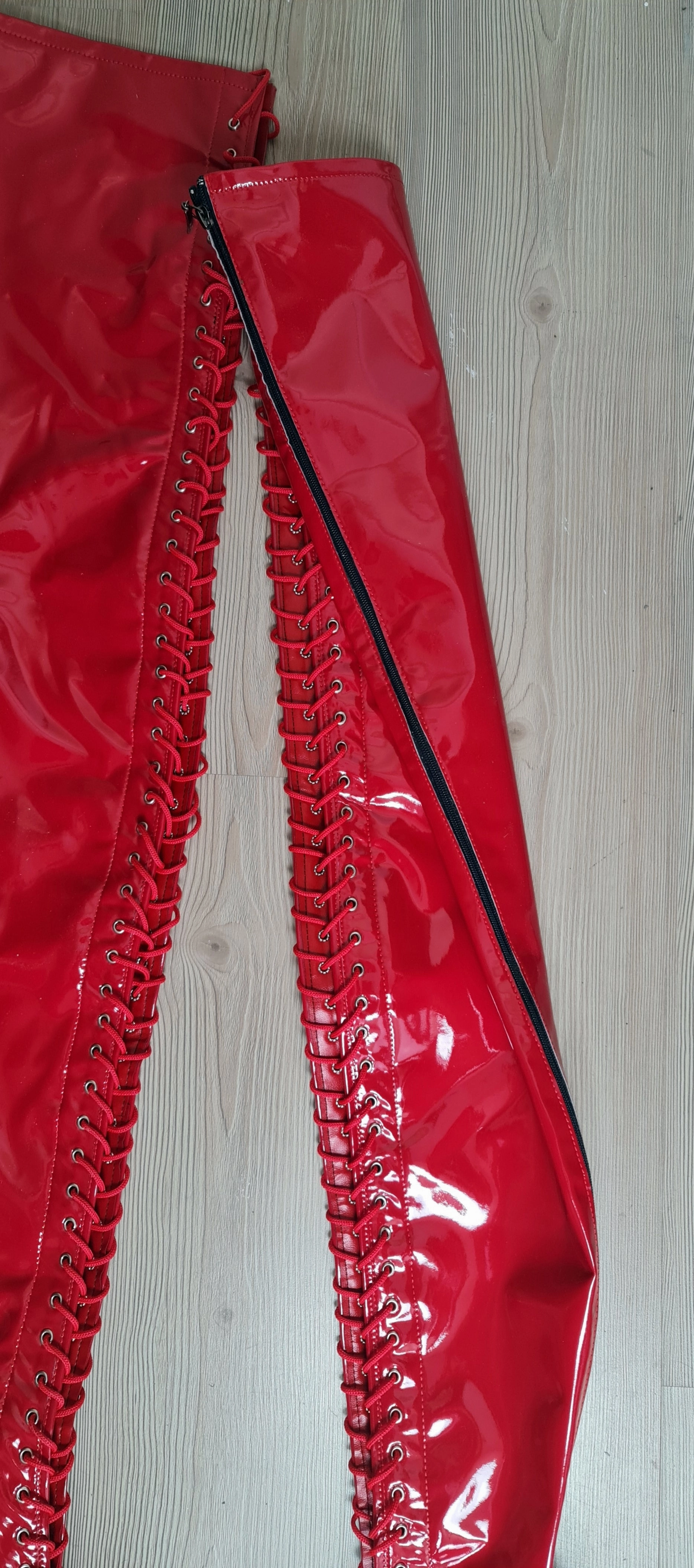 Extreme Long Thigh Red Gloss Lace Up Boots
