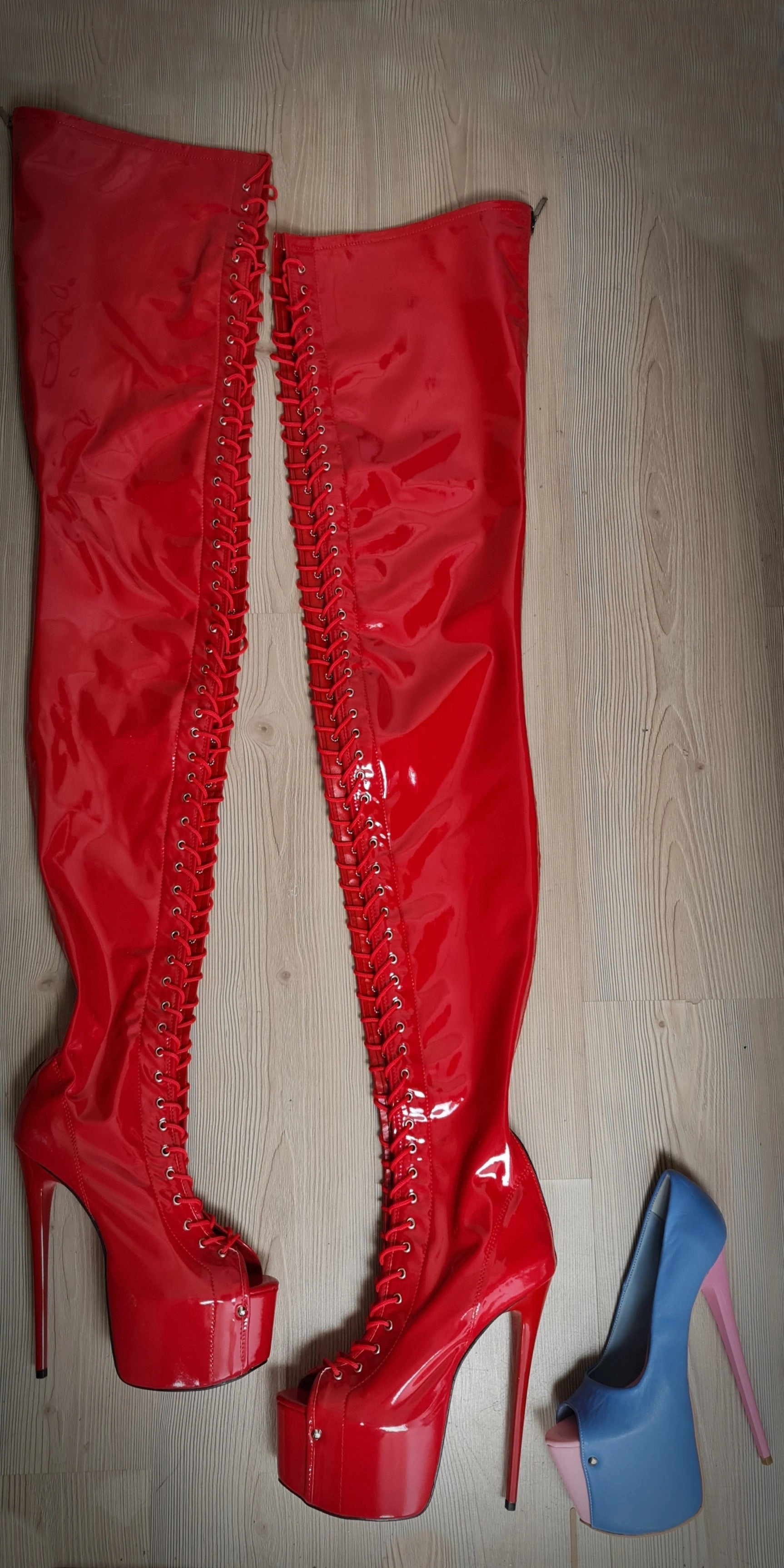 Extreme Long Thigh Red Gloss Lace Up Boots