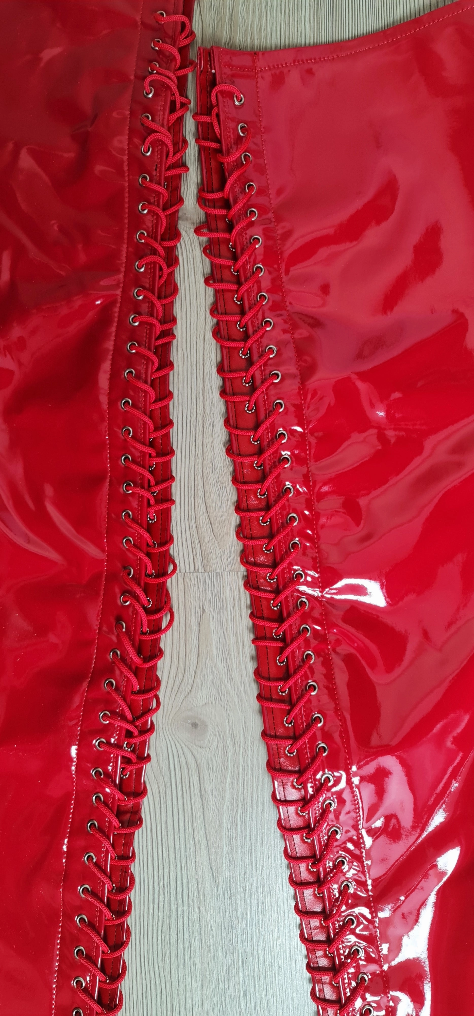 Extreme Long Thigh Red Gloss Lace Up Boots