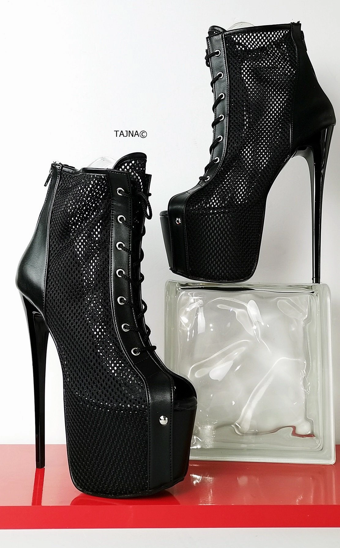 Fishnet Black Lace Up Ankle Heels
