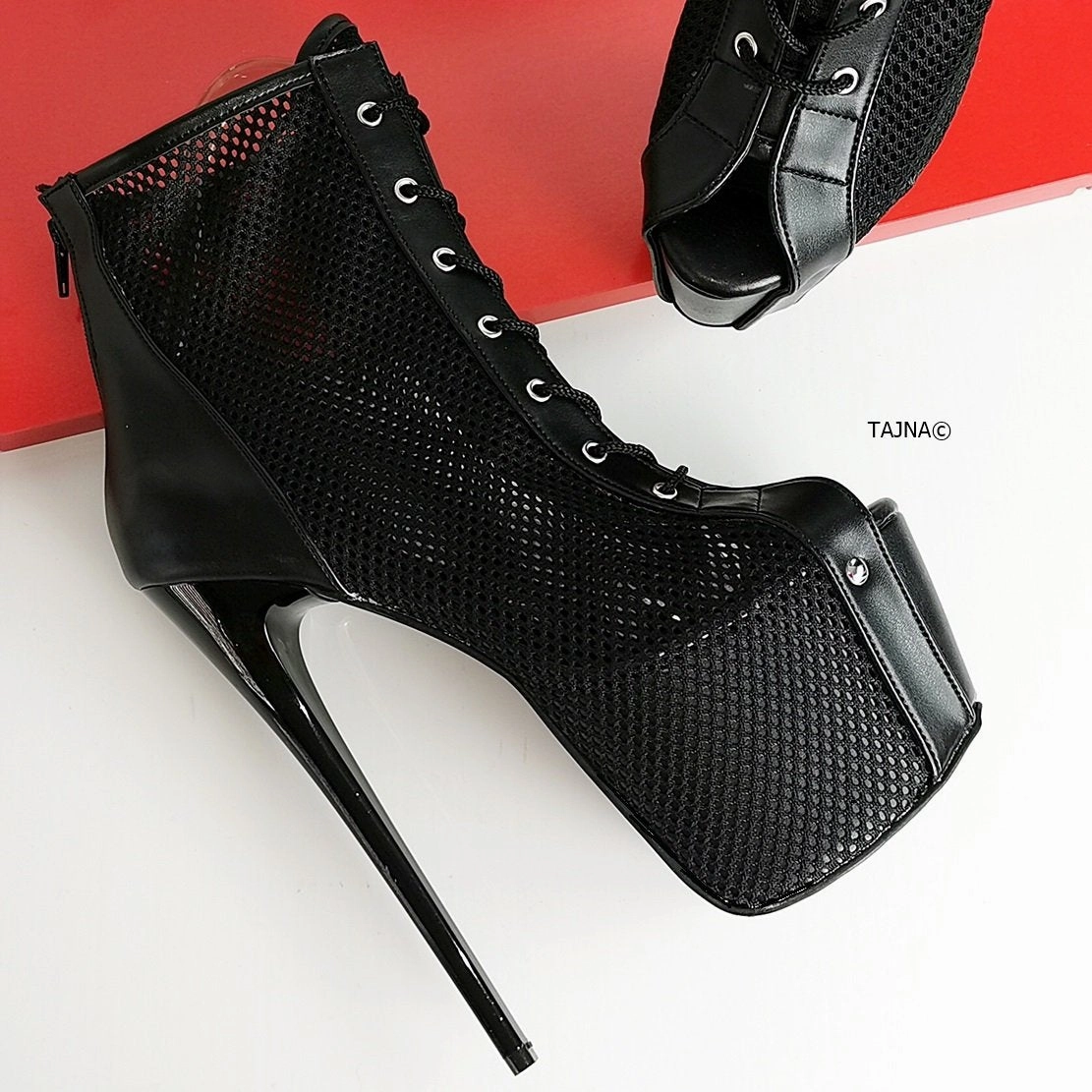 Fishnet Black Lace Up Ankle Heels