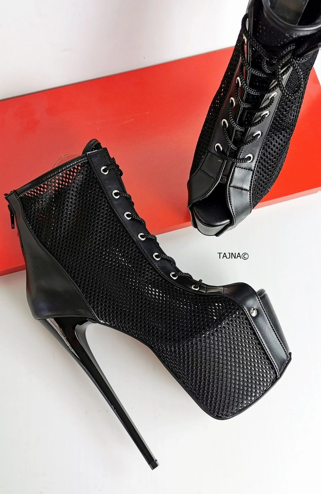 Fishnet Black Lace Up Ankle Heels