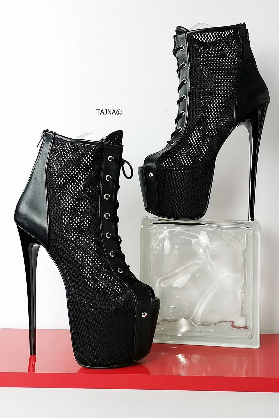 Fishnet Black Lace Up Ankle Heels