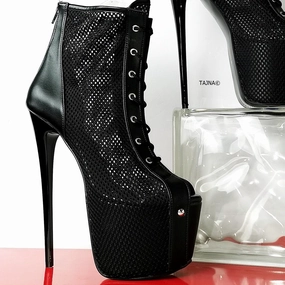 Fishnet Black Lace Up Ankle Heels