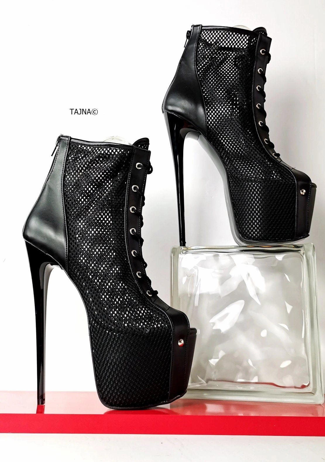 Fishnet Black Lace Up Ankle Heels
