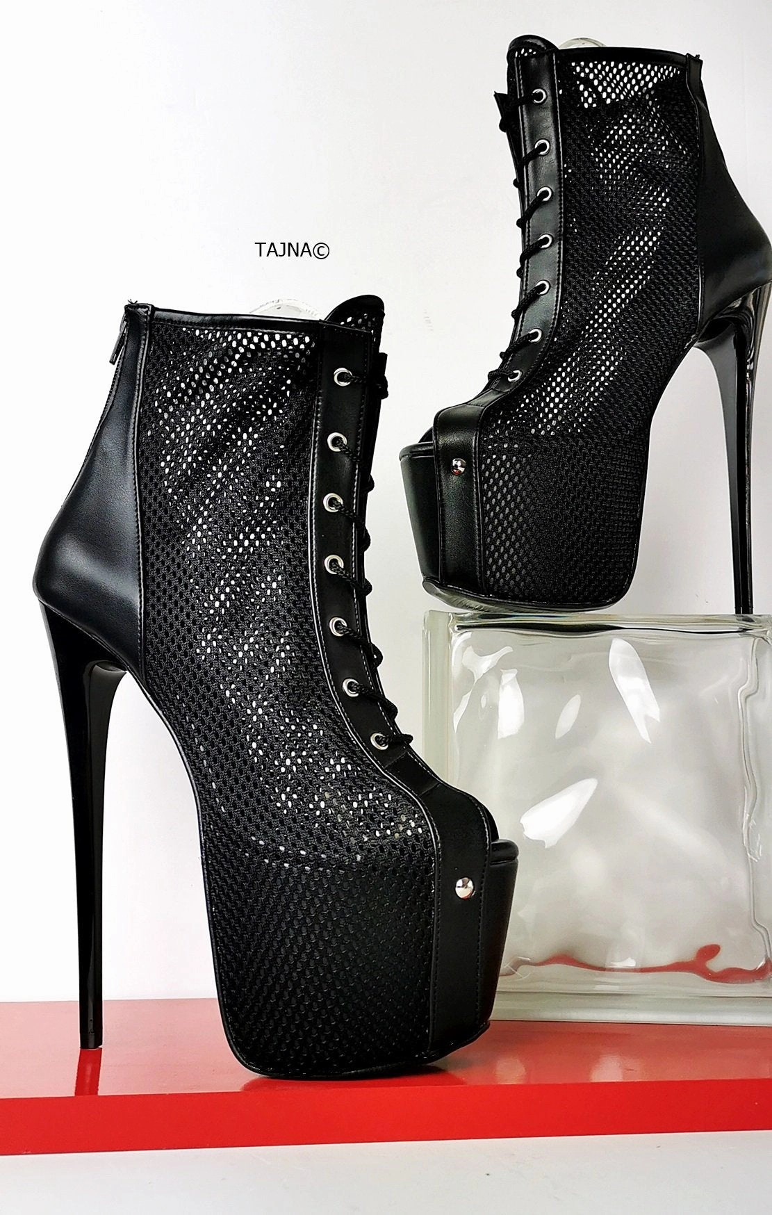 Fishnet Black Lace Up Ankle Heels
