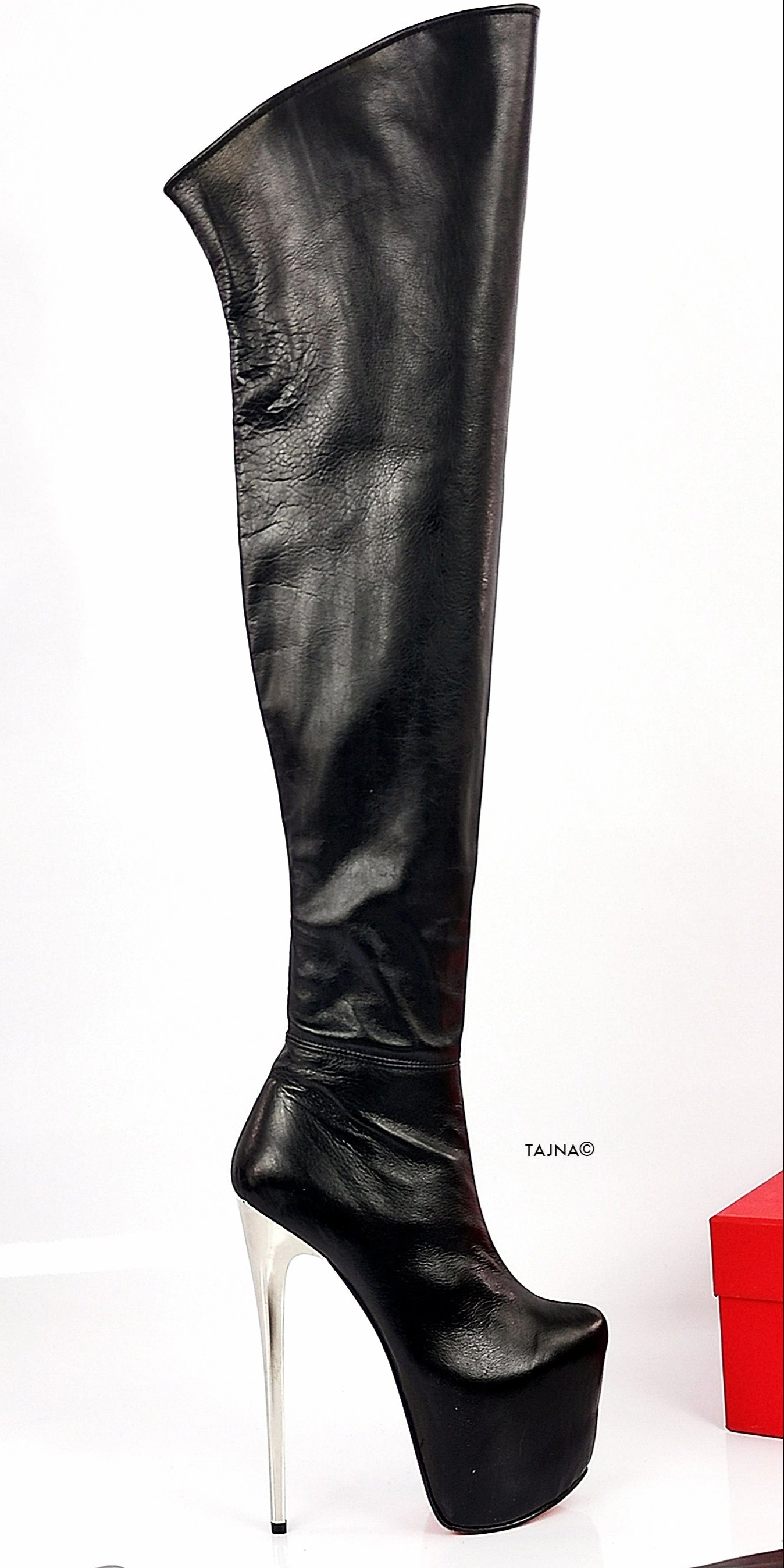 Genuine Leather Metallic Heel Black Boots