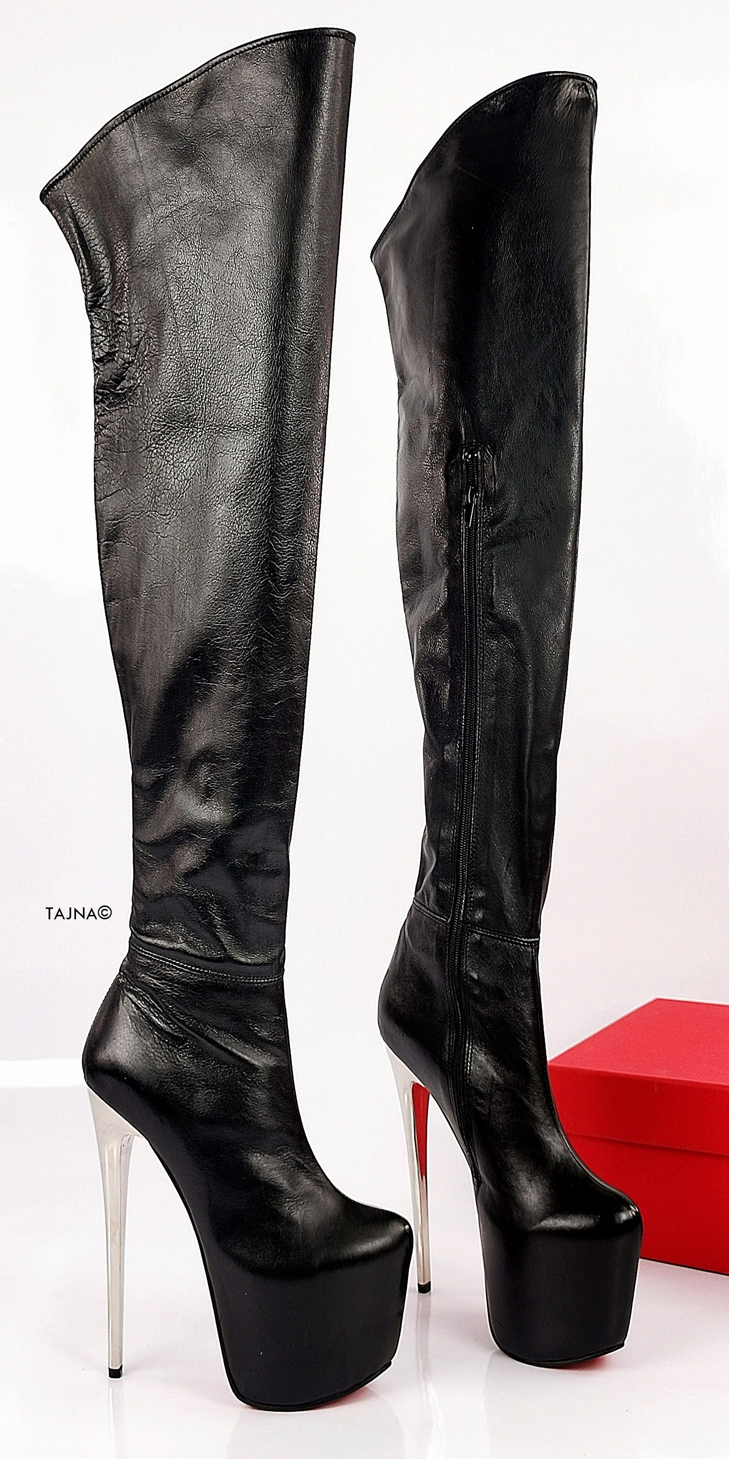 Genuine Leather Metallic Heel Black Boots