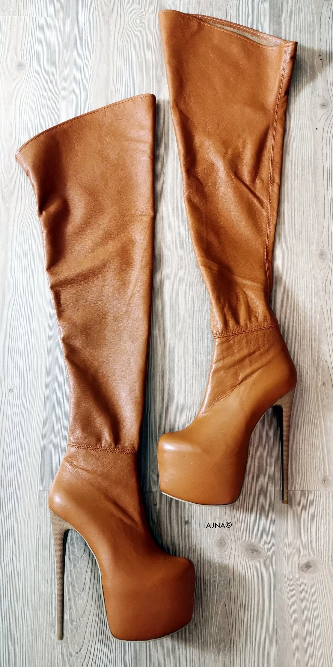 Genuine Leather Tobacco Brown Thigh High Boots