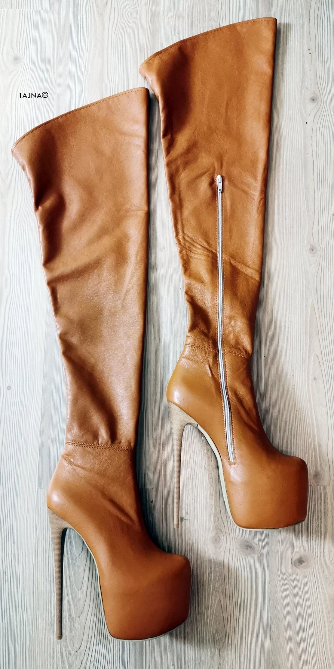 Genuine Leather Tobacco Brown Thigh High Boots