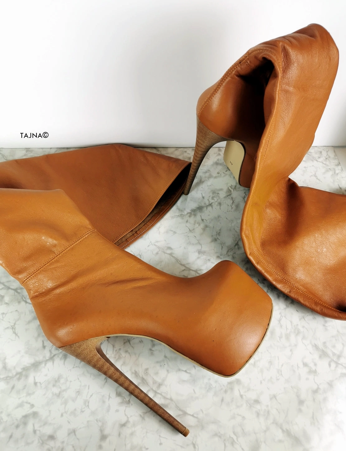 Genuine Leather Tobacco Brown Thigh High Boots