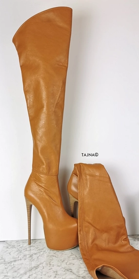Genuine Leather Tobacco Brown Thigh High Boots