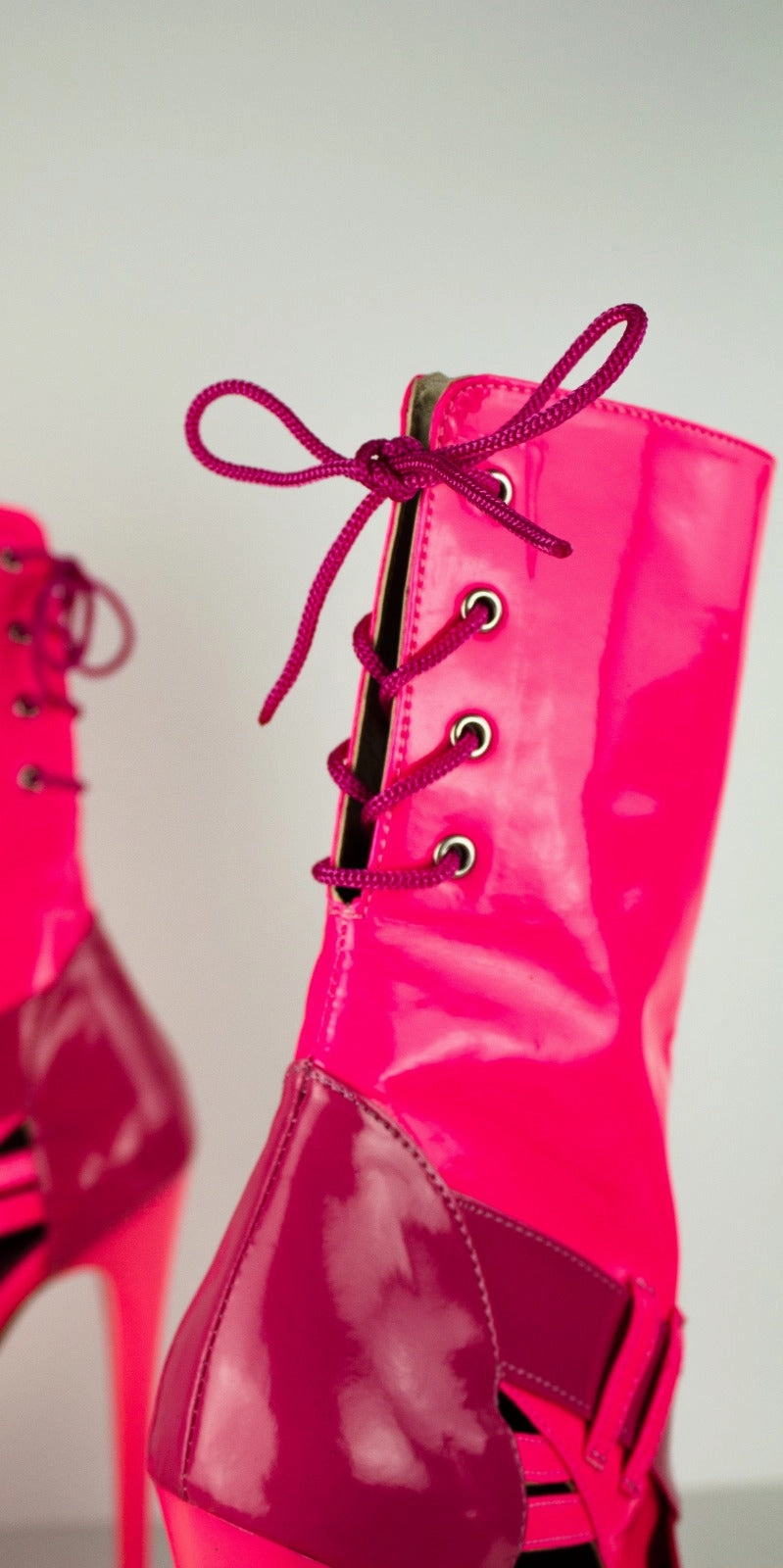 Gloss Pink Back Lace Ankle Cut Heel  Boots