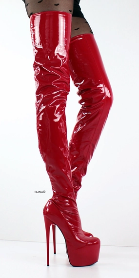 Glossy Red Patent Thigh High Strech Boots