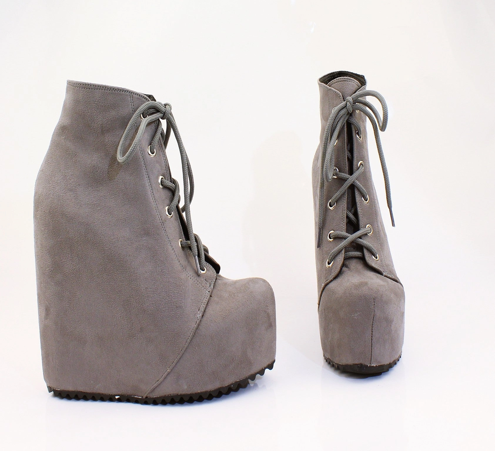 Gray Faux Suede Lace Up Platform Wegdes