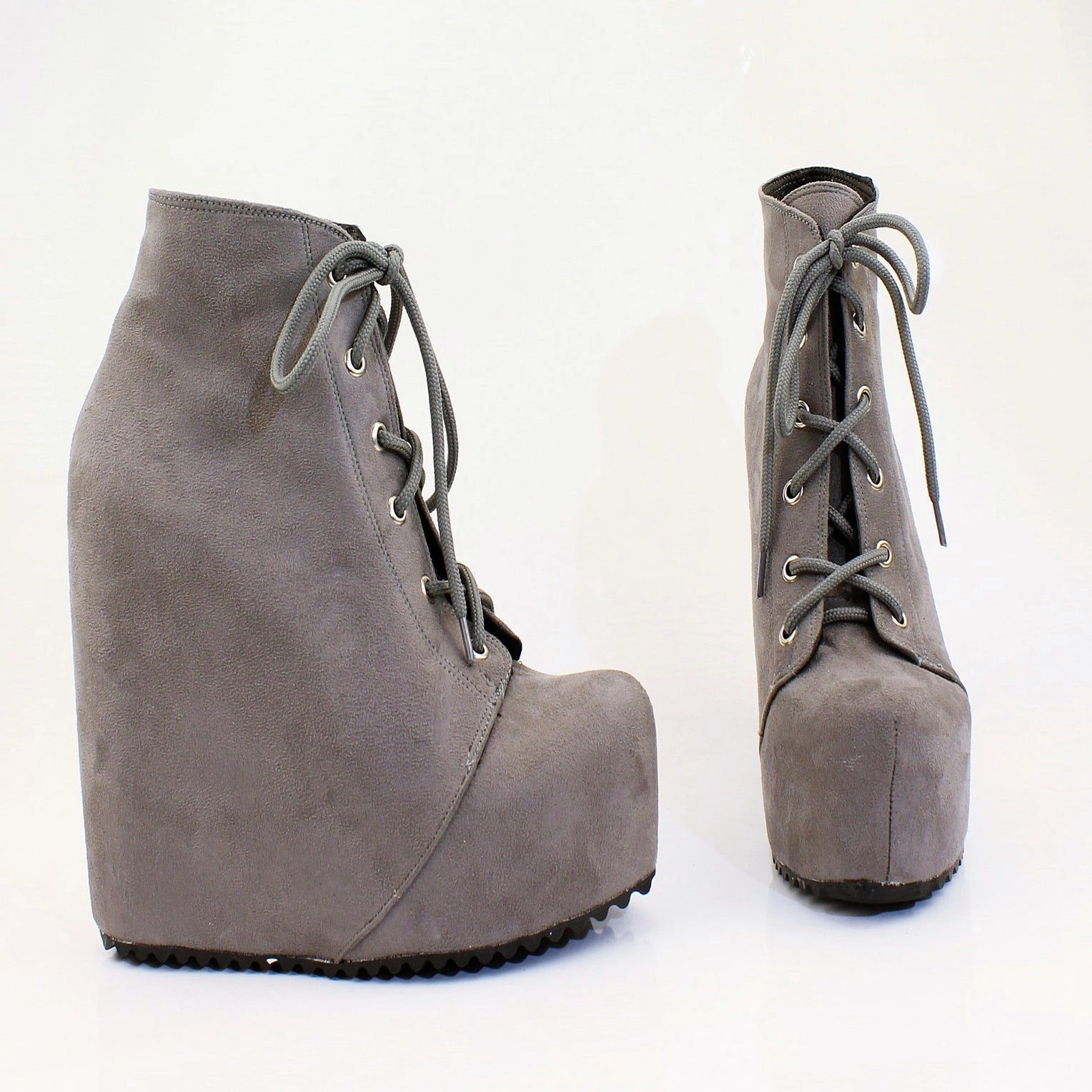 Gray Faux Suede Lace Up Platform Wegdes