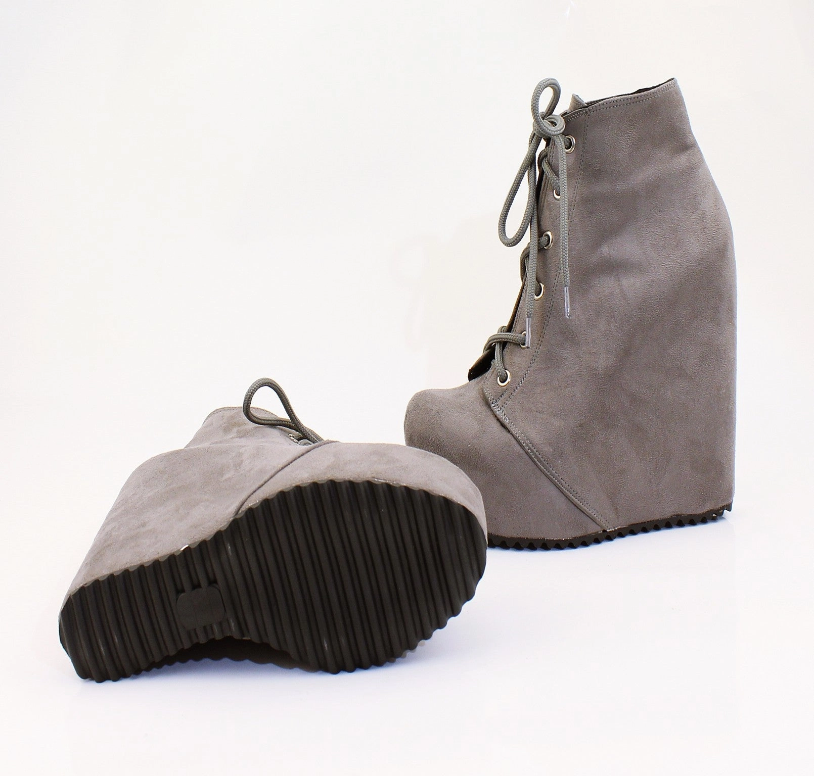 Gray Faux Suede Lace Up Platform Wegdes