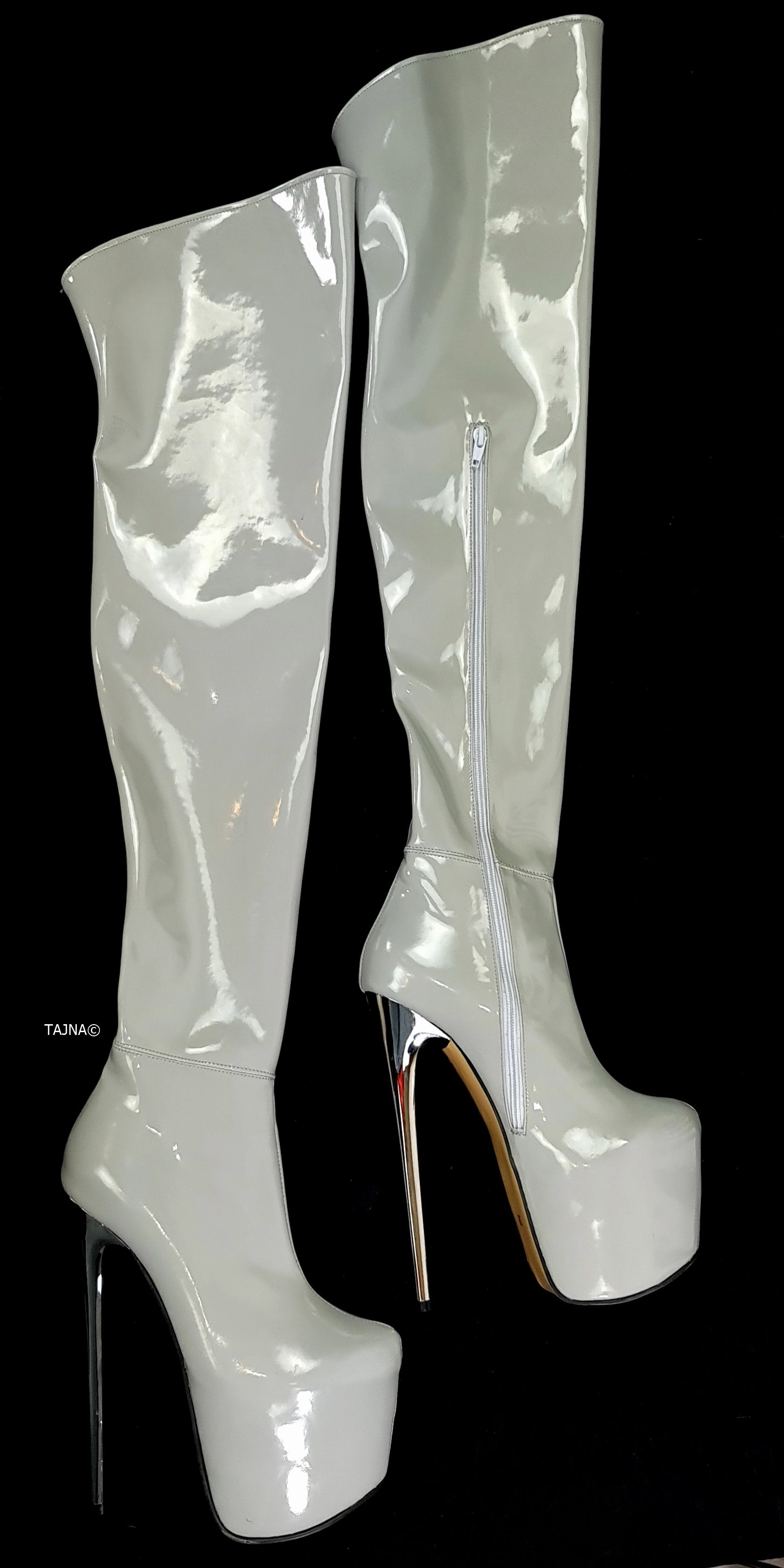 Gray Thigh High Gloss Metallic Heel Boots