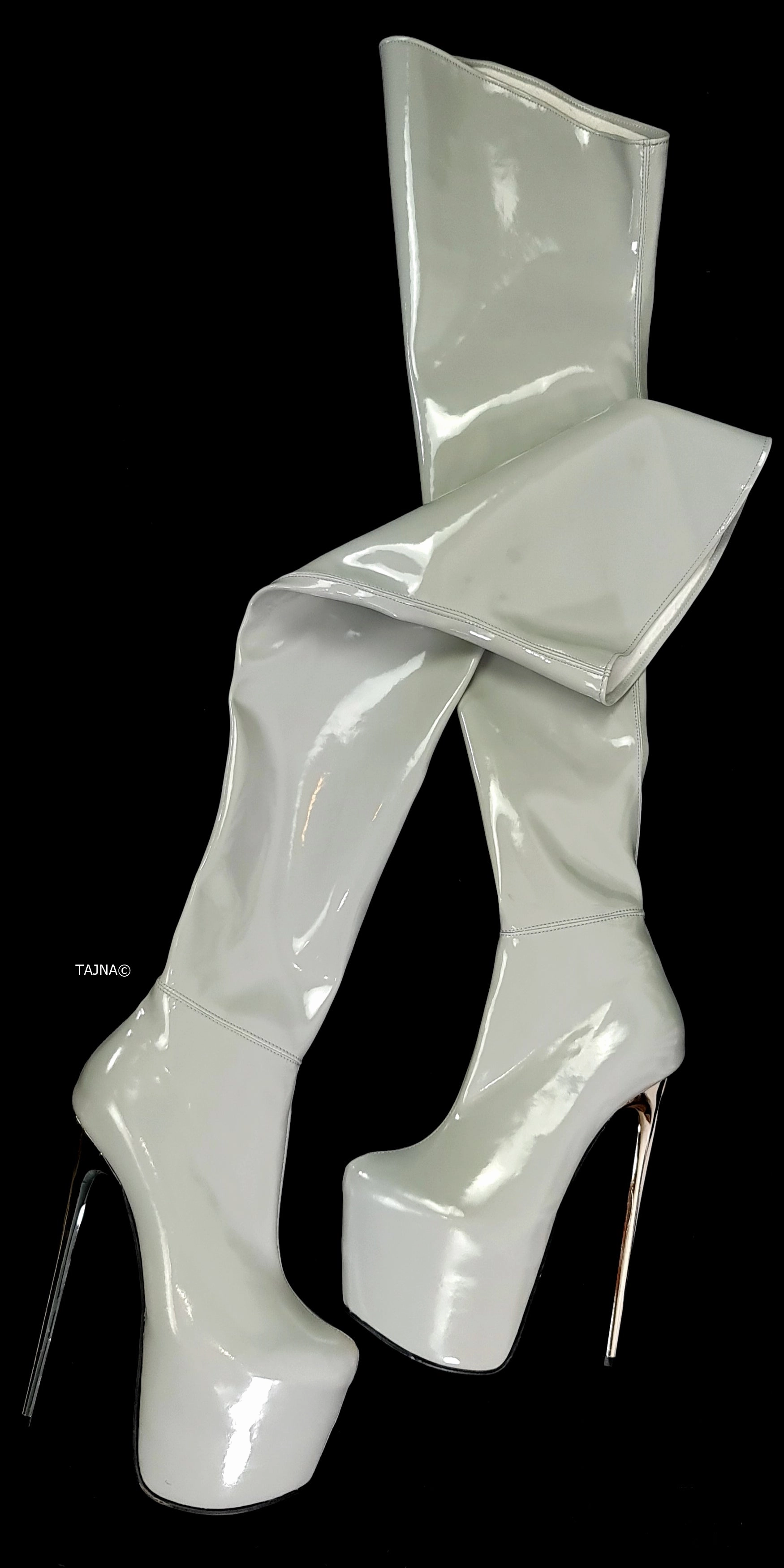Gray Thigh High Gloss Metallic Heel Boots