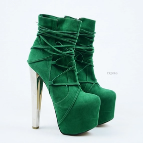 Green Suede Lace Up High Heel Platform Boots