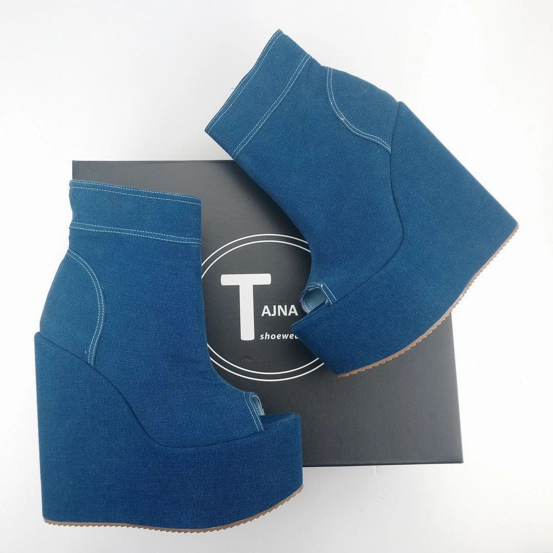 Jean Demin Peep Toe Platform Heel Wedge Booties