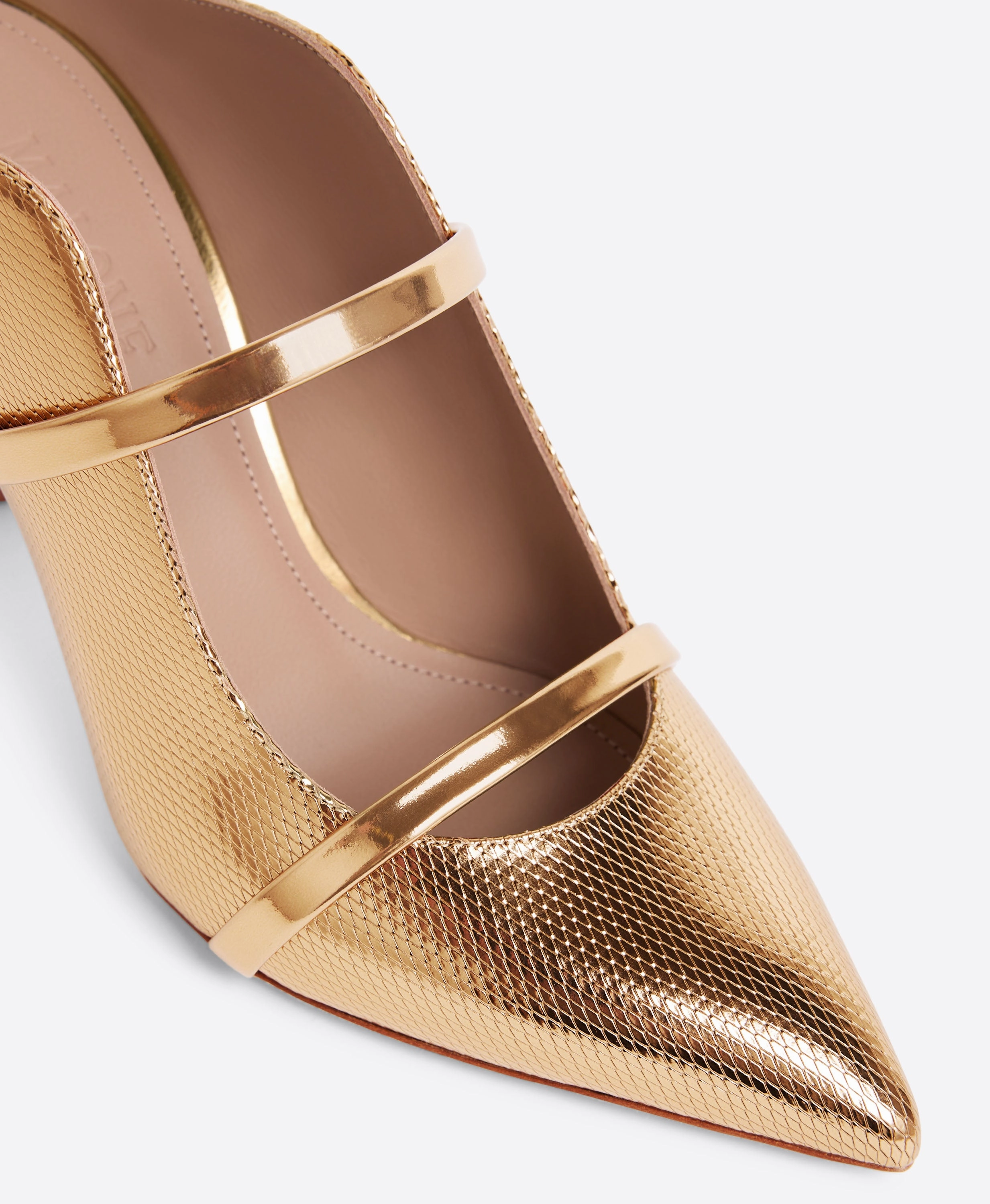 Maureen 70 Gold Embossed Leather Mules