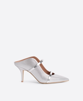 Maureen 70 Silver Embossed Leather Mules