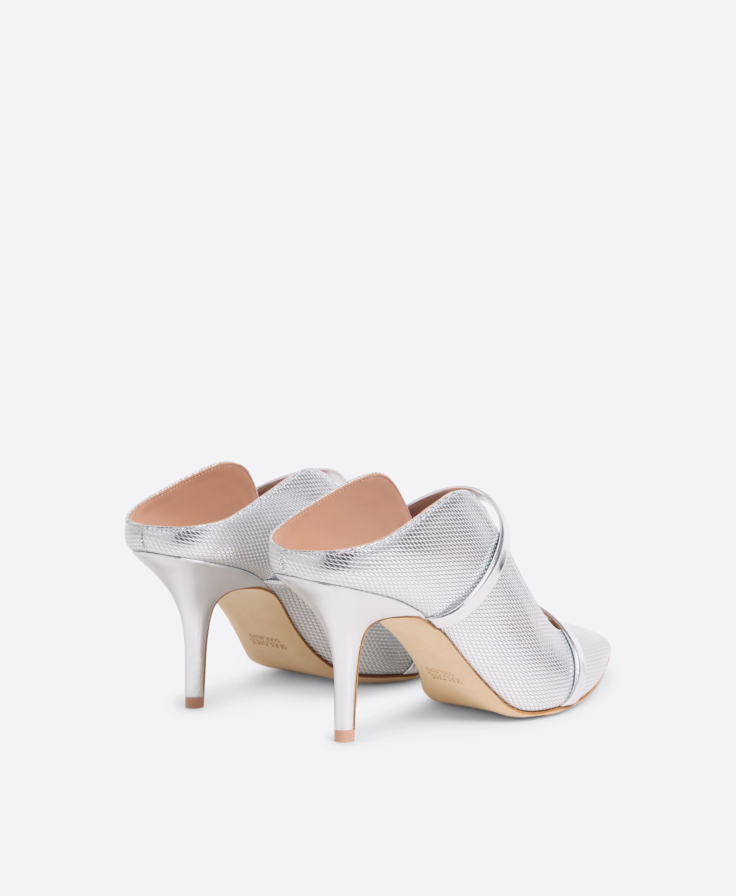 Maureen 70 Silver Embossed Leather Mules