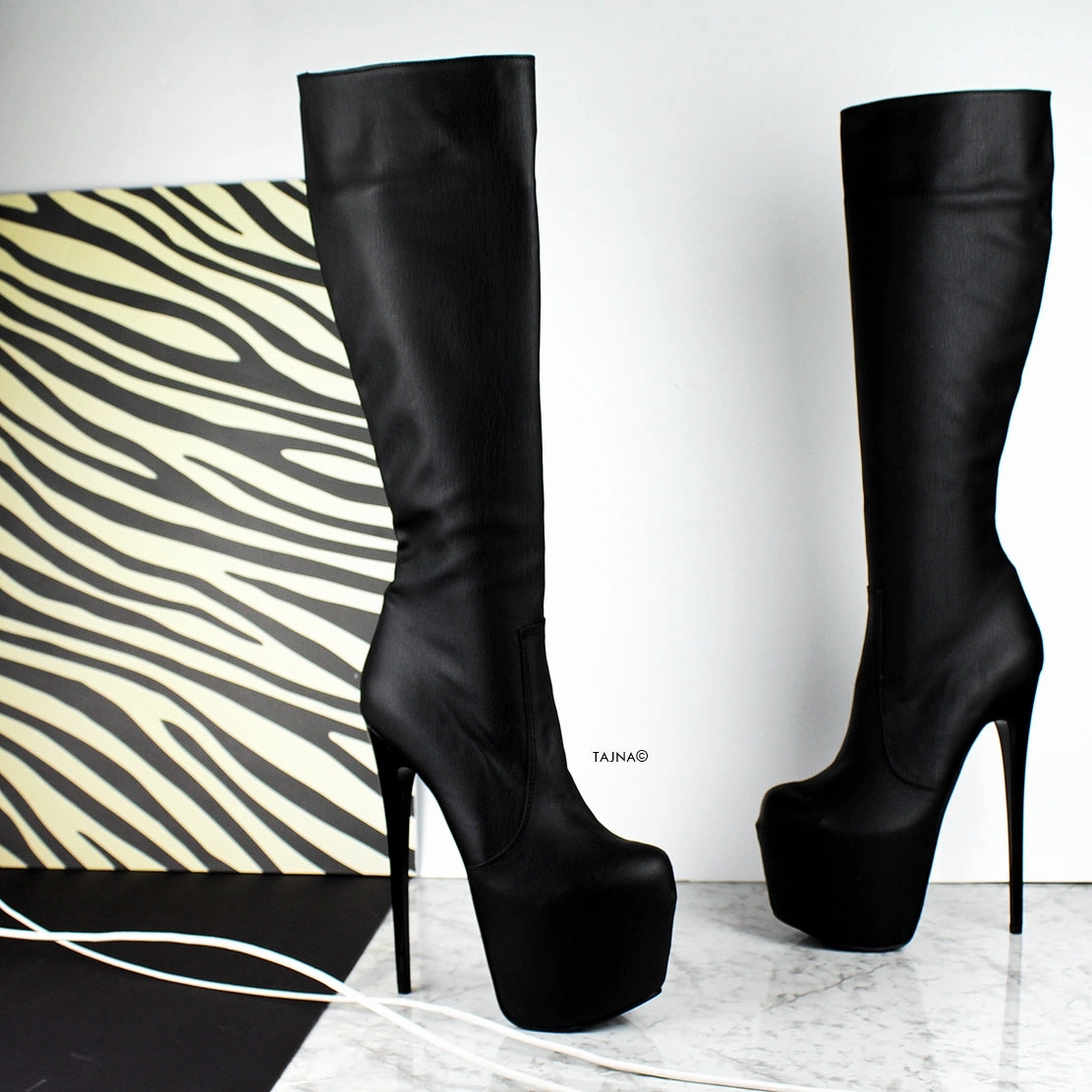 Mid-Calf High Heel Black Matte Boots