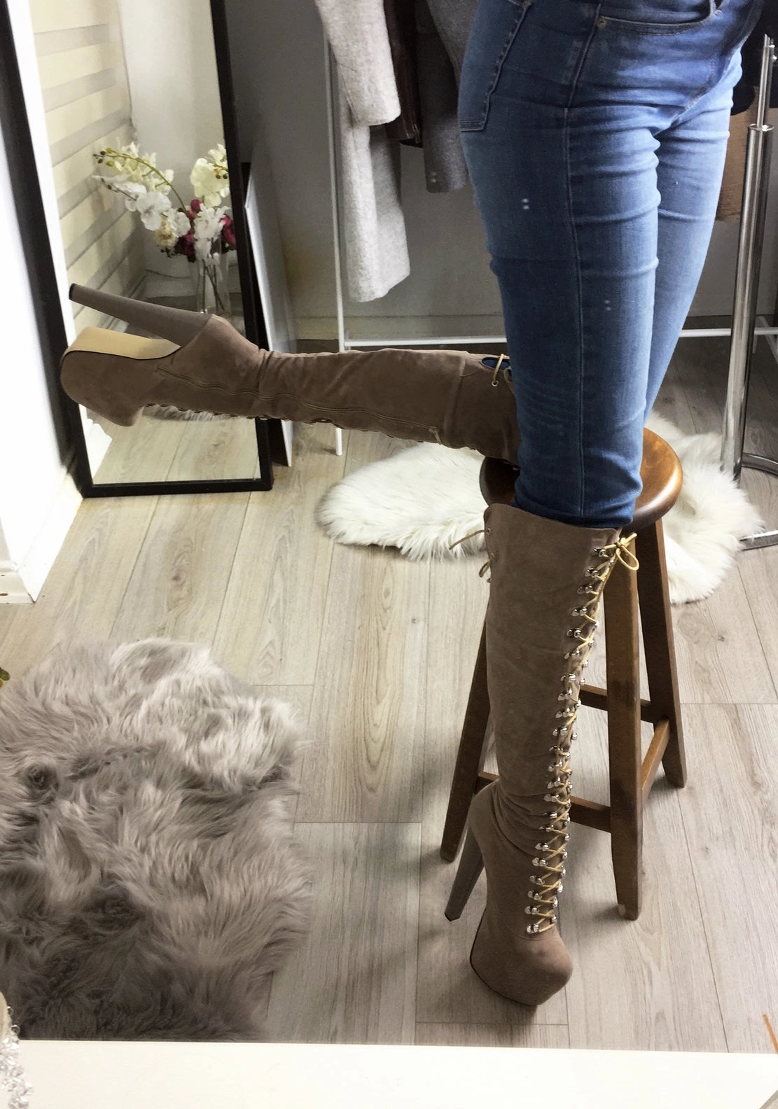 Military Beige Lace Up Over The Knee Boots
