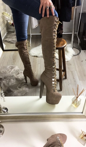 Military Beige Lace Up Over The Knee Boots