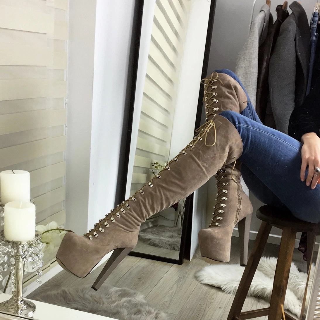 Military Beige Lace Up Over The Knee Boots