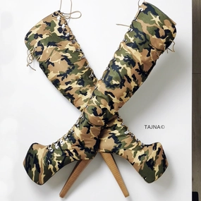 Military Style Camouflage Lace Up Over The Knee Boots