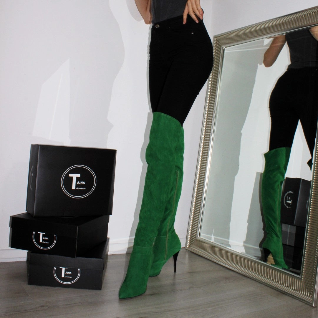 Over Knee Green Suede Pointed Nose Boots