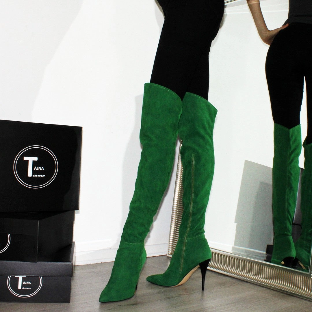 Over Knee Green Suede Pointed Nose Boots