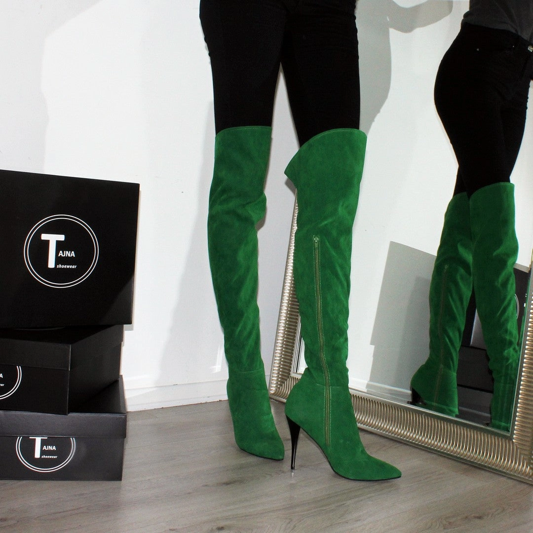 Over Knee Green Suede Pointed Nose Boots