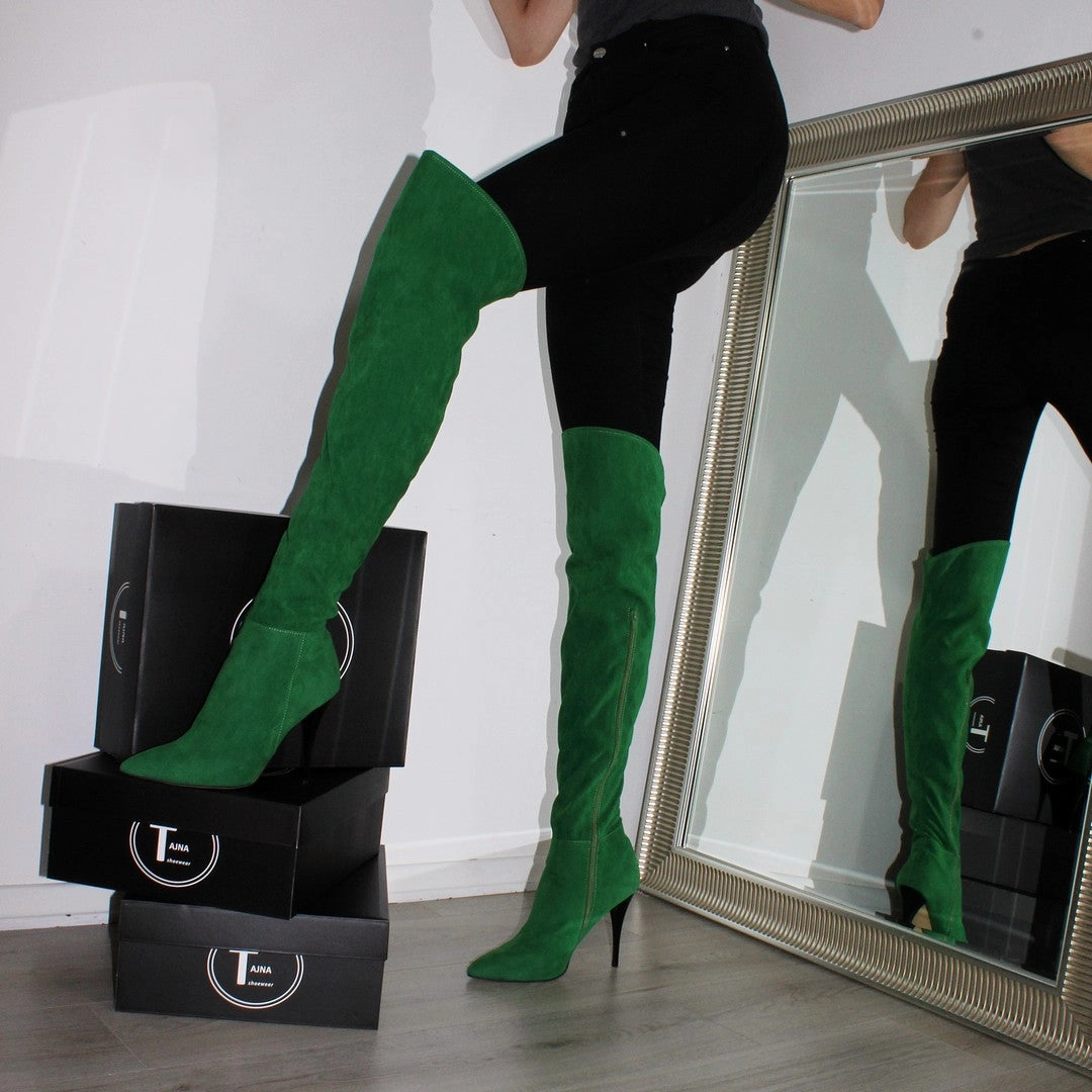 Over Knee Green Suede Pointed Nose Boots